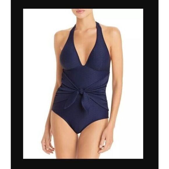 Shoshanna 21TX7455 Women's Sz 6 Navy Textured Tied One Piece Swimsuit $235 - Picture 7 of 8